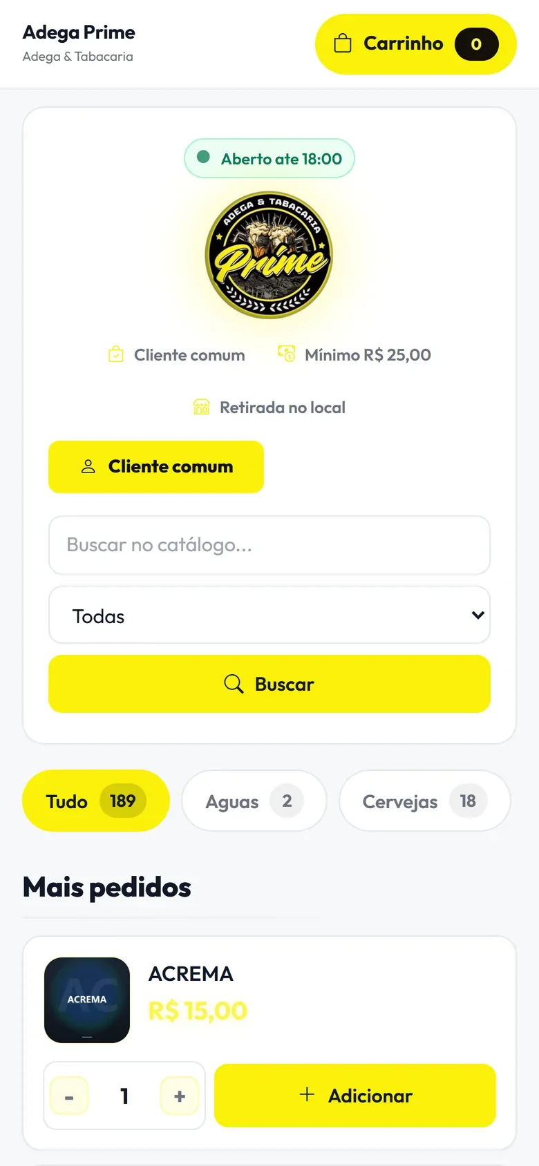 Loja online real de uma adega no celular, com a logo, as cores, o horário e a forma de entrega da própria adega