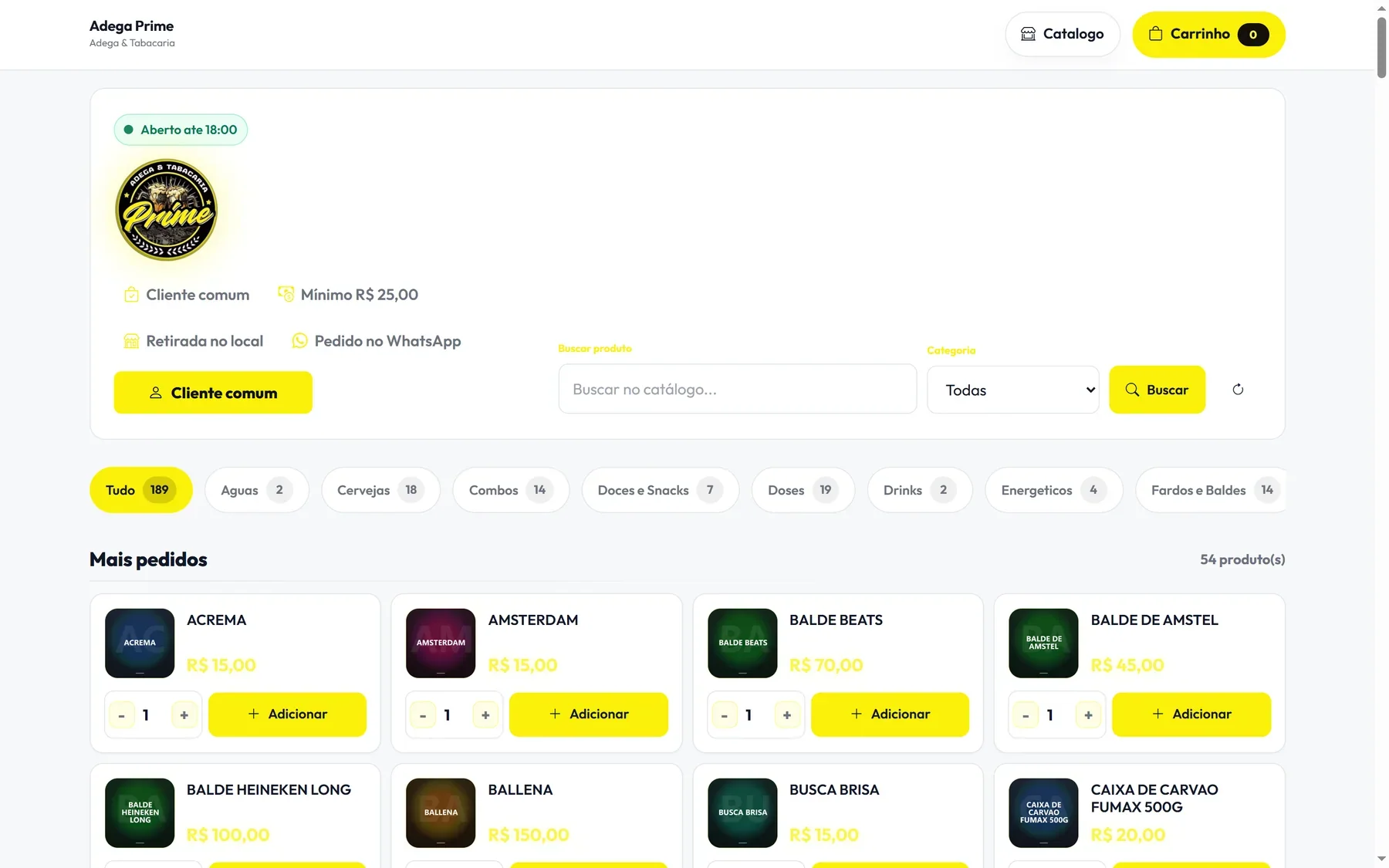 Loja online da adega no computador, com catálogo de produtos, categorias e carrinho