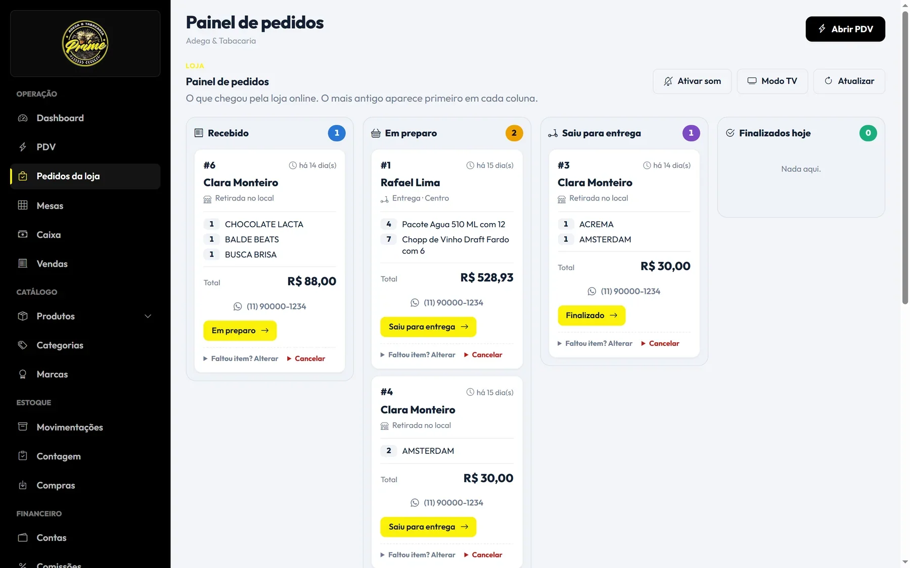 Painel de pedidos de delivery da adega em colunas: recebido, em preparo, saiu para entrega e finalizados