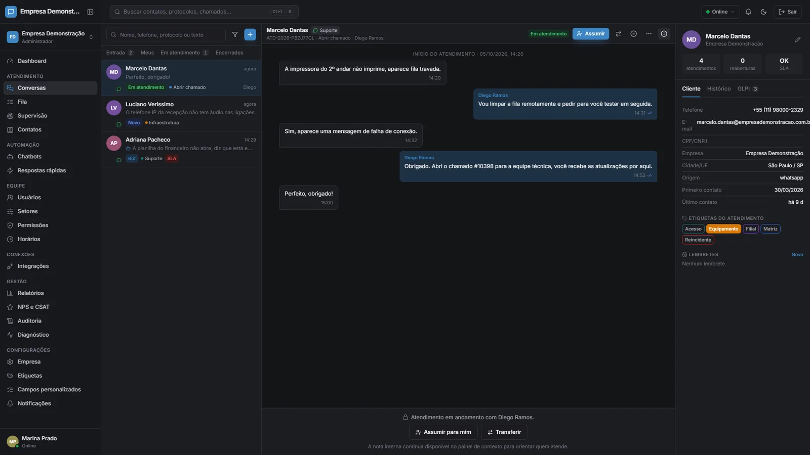 Central de atendimento do ChatMaximus com a lista de conversas e o atendimento aberto
