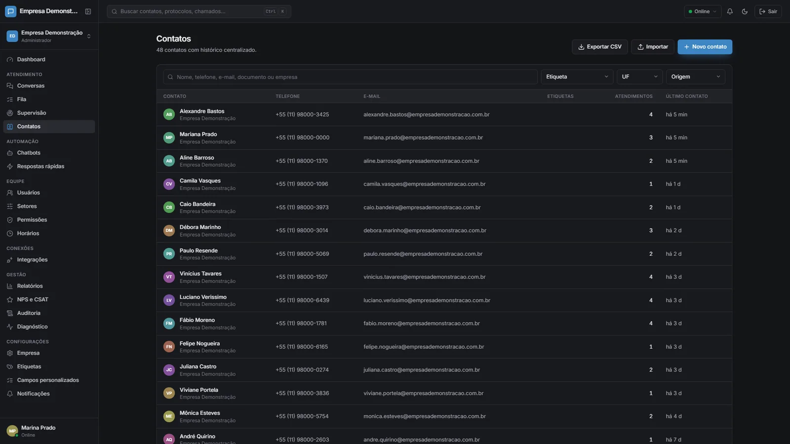 Lista de contatos do CRM do ChatMaximus com telefone, e-mail, etiquetas e número de atendimentos