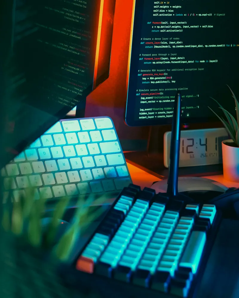 Mesa de desenvolvedor com teclado iluminado e monitores mostrando código